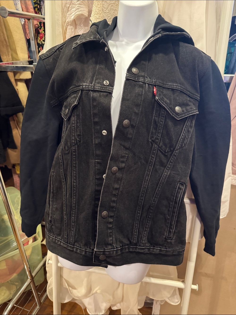Levi's Black Hooded Denim Jacket with Black Sleeve Panels